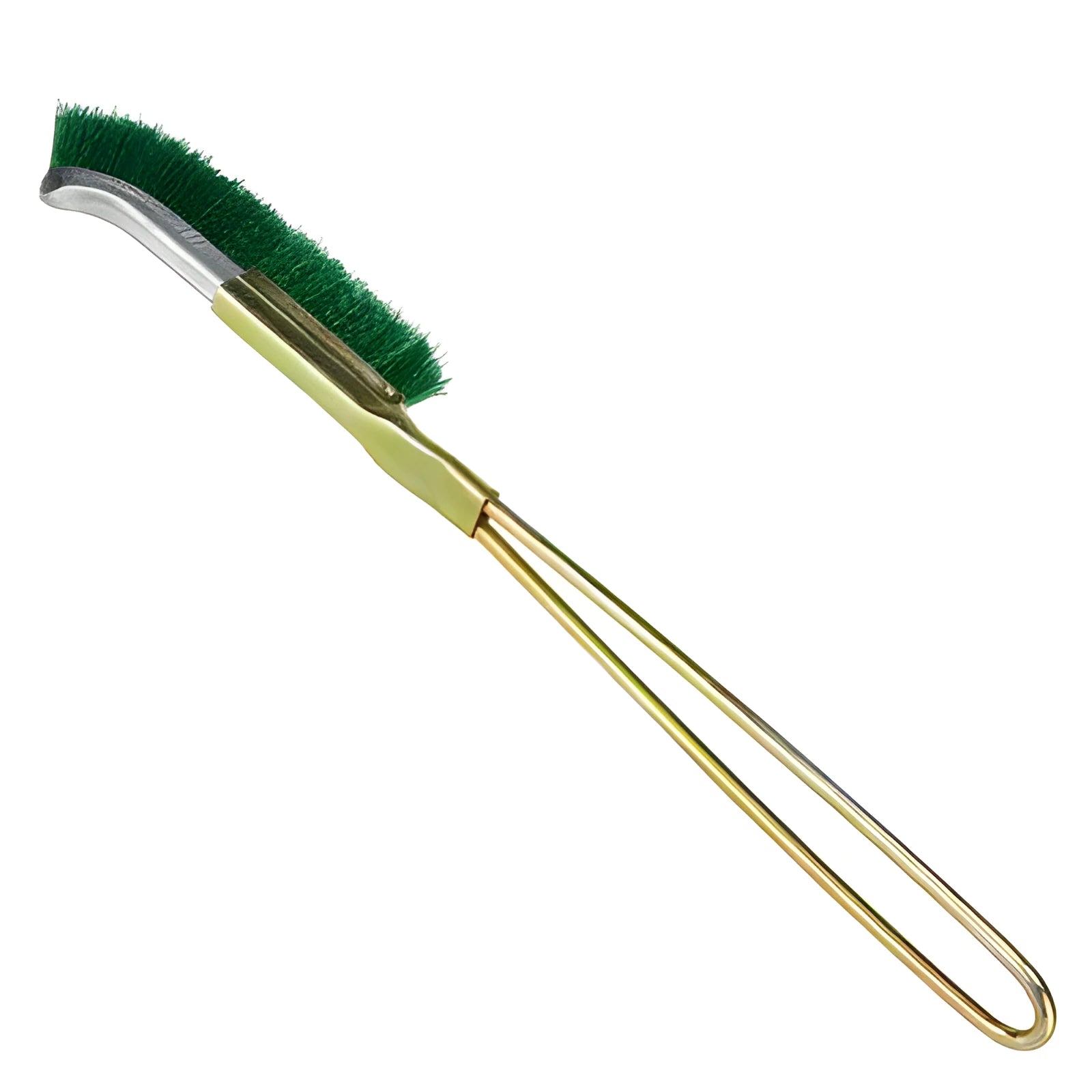 Green elbow-shaped nylon wire brush with metal handle for rust removal and kitchen cleaning