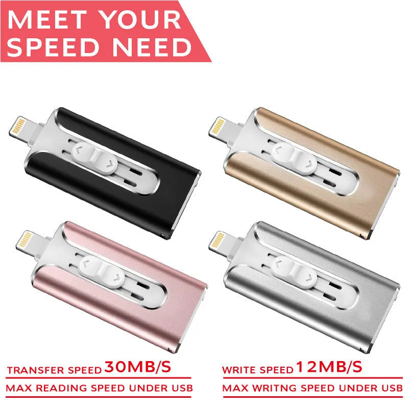 Metal USB flash drive with both Lightning and USB-A connectors shown in black, silver, gold, and rose gold colours.