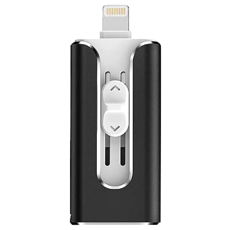Metal USB flash drive with both Lightning and USB-A connectors shown in black, silver, gold, and rose gold colours.