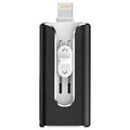 Metal USB flash drive with both Lightning and USB-A connectors shown in black, silver, gold, and rose gold colours.