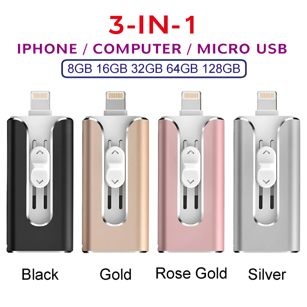 Metal USB flash drive with both Lightning and USB-A connectors shown in black, silver, gold, and rose gold colours.