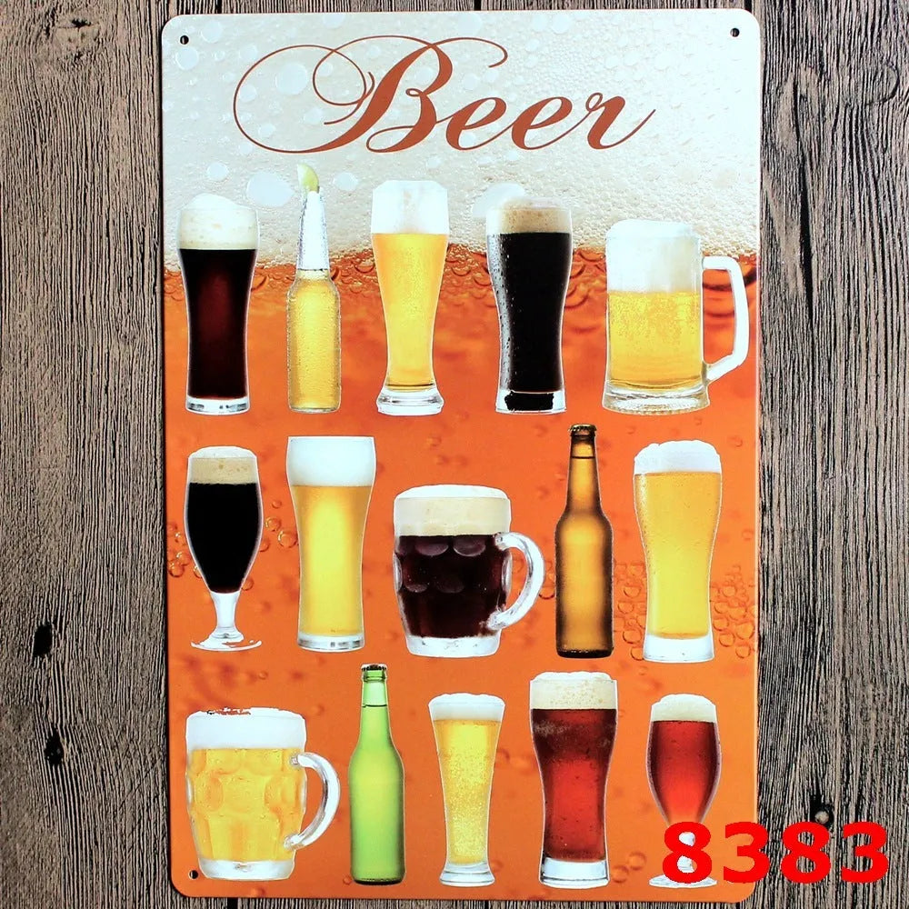 Vintage iron tin painting wall art with barbecue hamburger beer retro design measuring 20x30cm