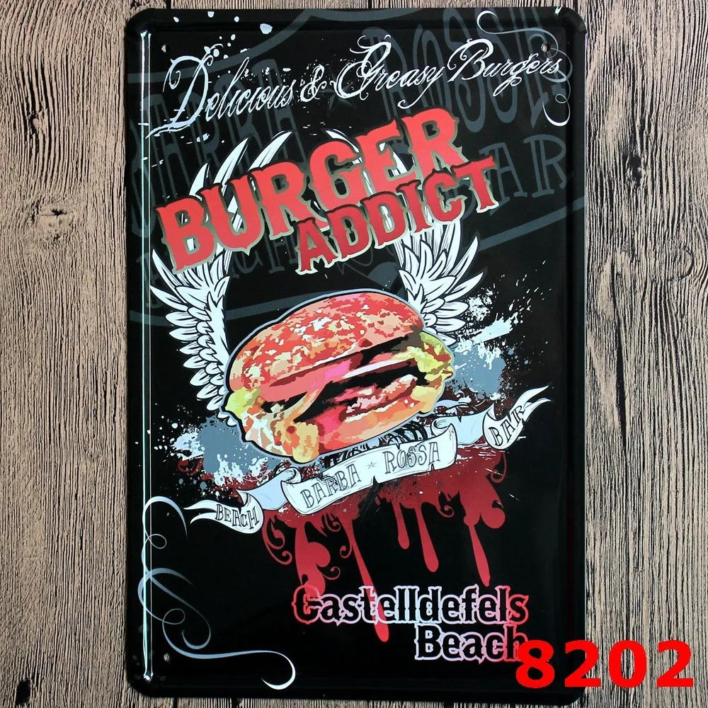 Vintage iron tin painting wall art with barbecue hamburger beer retro design measuring 20x30cm