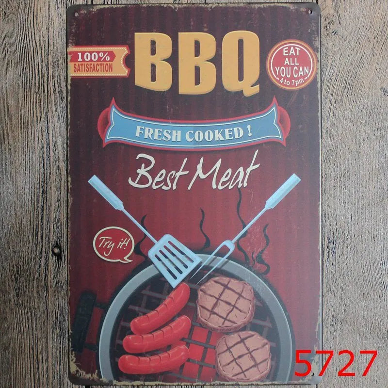 Vintage iron tin painting wall art with barbecue hamburger beer retro design measuring 20x30cm