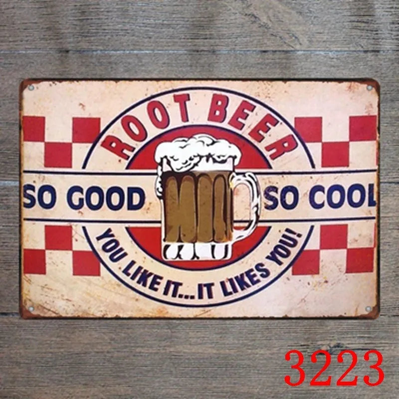 Vintage iron tin painting wall art with barbecue hamburger beer retro design measuring 20x30cm