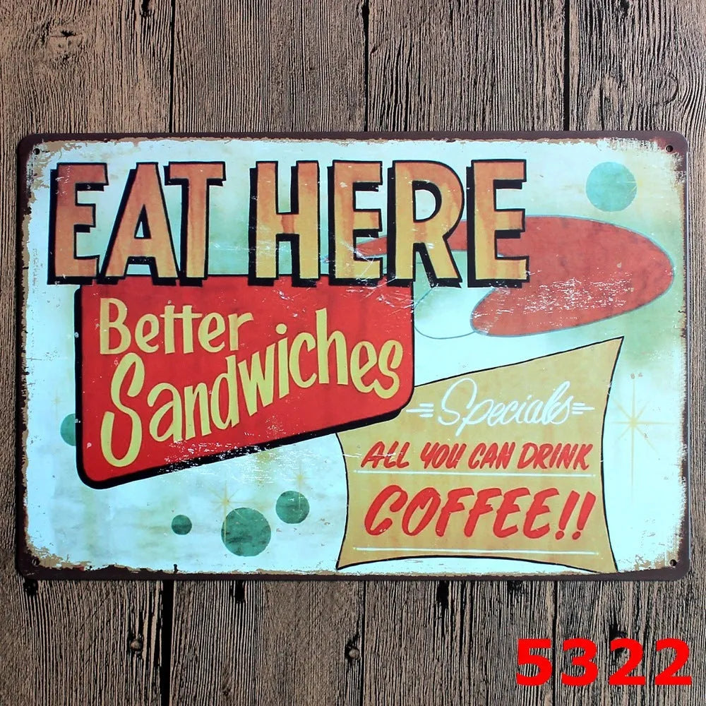 Vintage iron tin painting wall art with barbecue hamburger beer retro design measuring 20x30cm