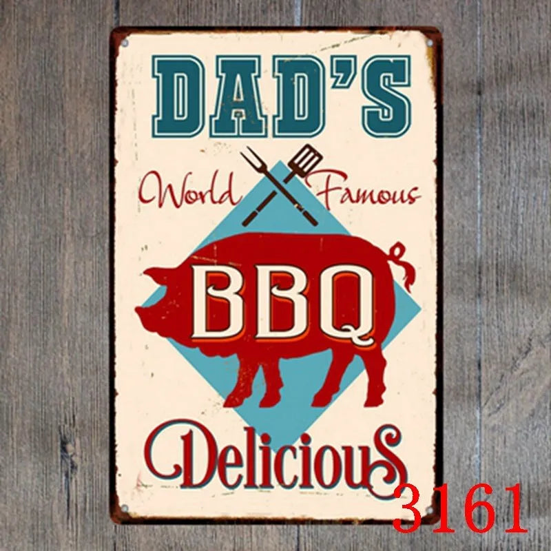 Vintage iron tin painting wall art with barbecue hamburger beer retro design measuring 20x30cm