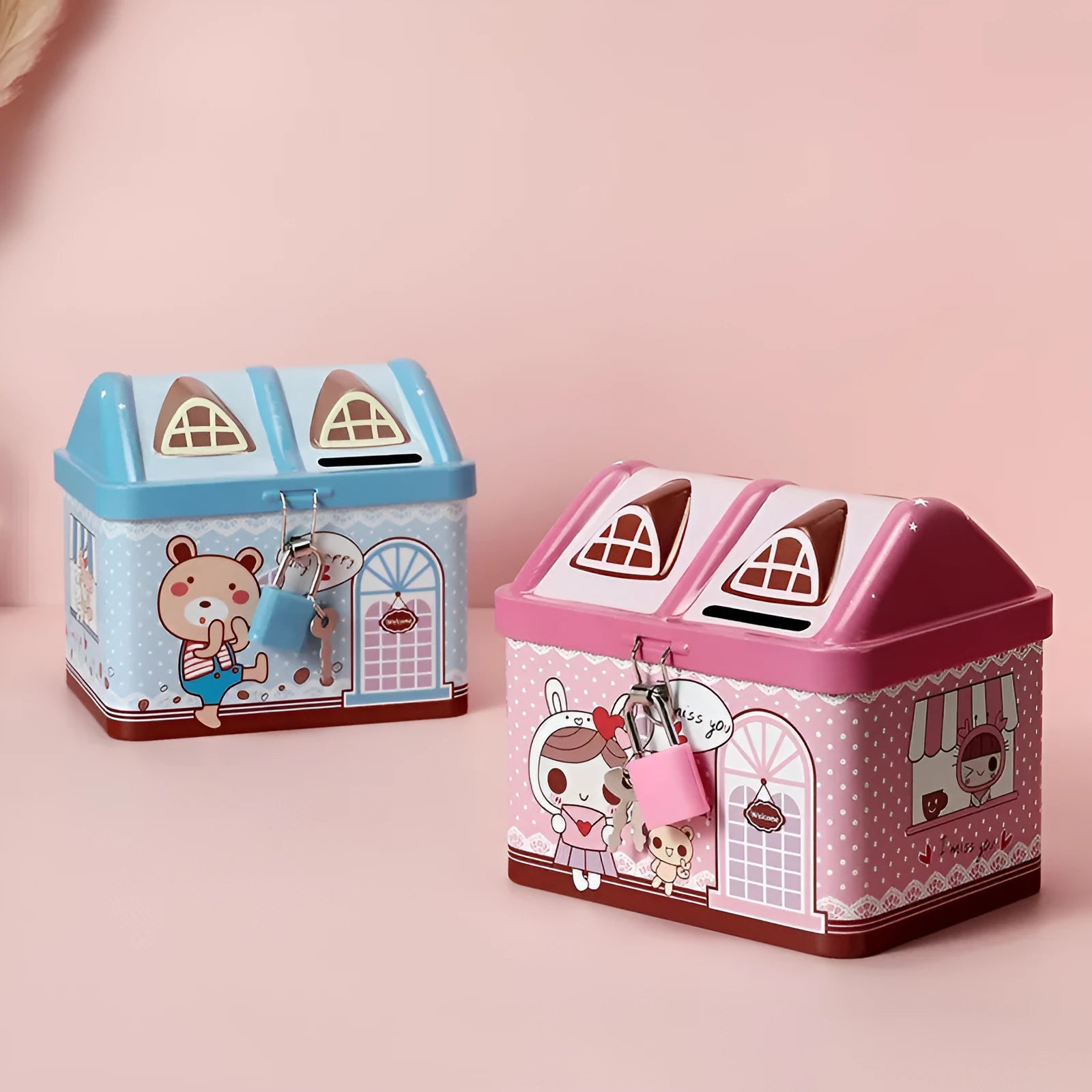 Blue house-shaped tinplate piggy bank for coin storage measuring 112mm wide