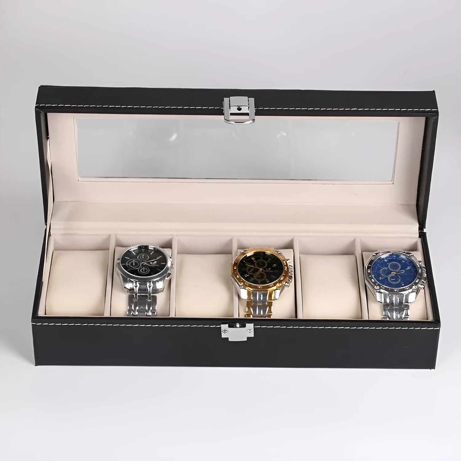 Black wooden watch display box with clear lid showing six individual watch storage compartments.