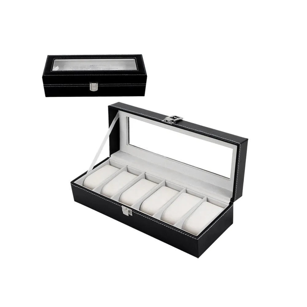 Black wooden watch display box with clear lid showing six individual watch storage compartments.