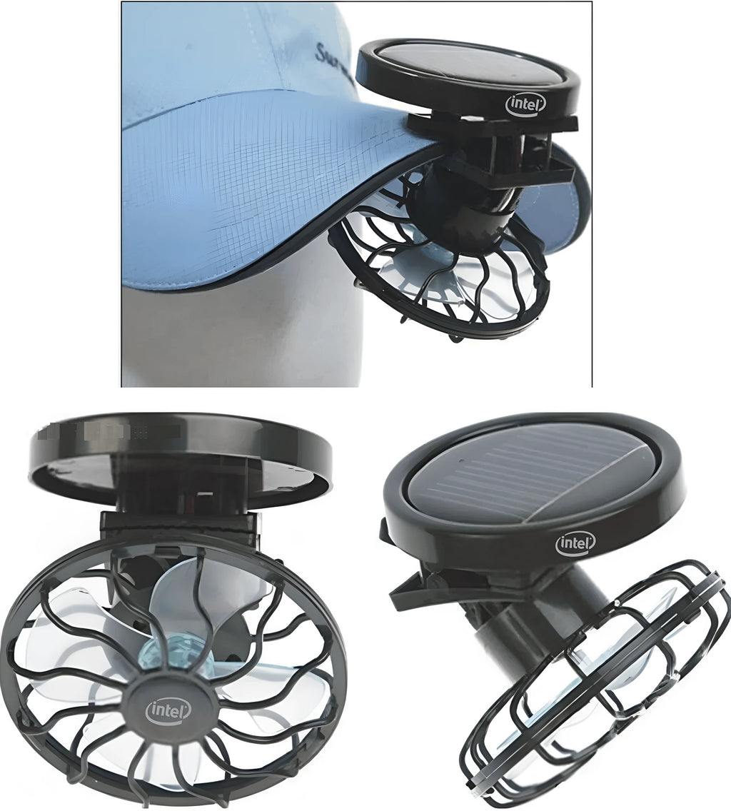 Black solar-powered clip-on cooling fan panel for outdoor travel and camping use