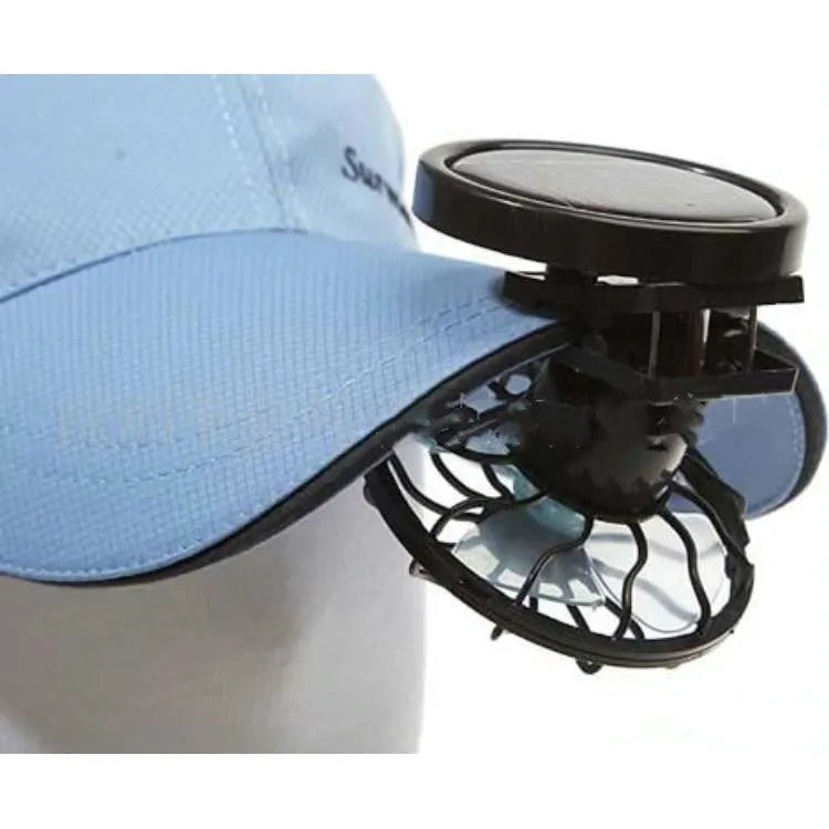 Black solar-powered clip-on cooling fan panel for outdoor travel and camping use