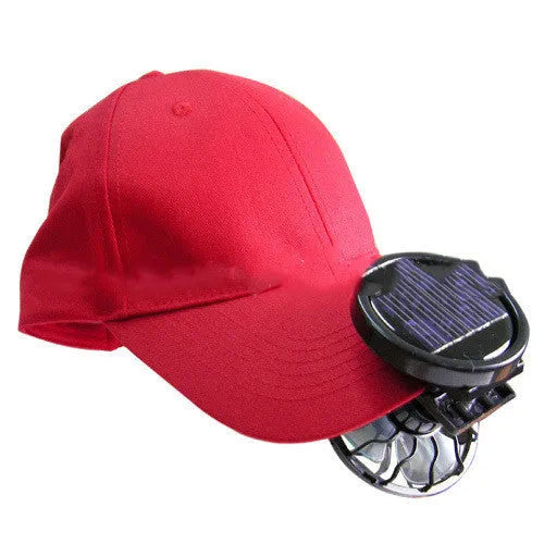 Black solar-powered clip-on cooling fan panel for outdoor travel and camping use