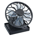 Black solar-powered clip-on cooling fan panel for outdoor travel and camping use
