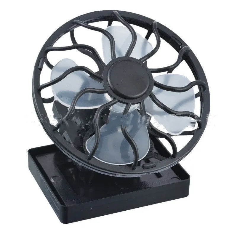 Black solar-powered clip-on cooling fan panel for outdoor travel and camping use