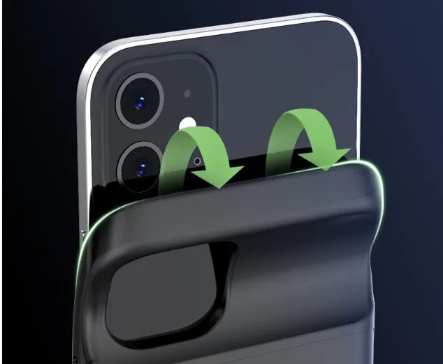 Black ultra-thin wireless back clip battery pack for iPhone 12 models showing clip and multi-USB port.