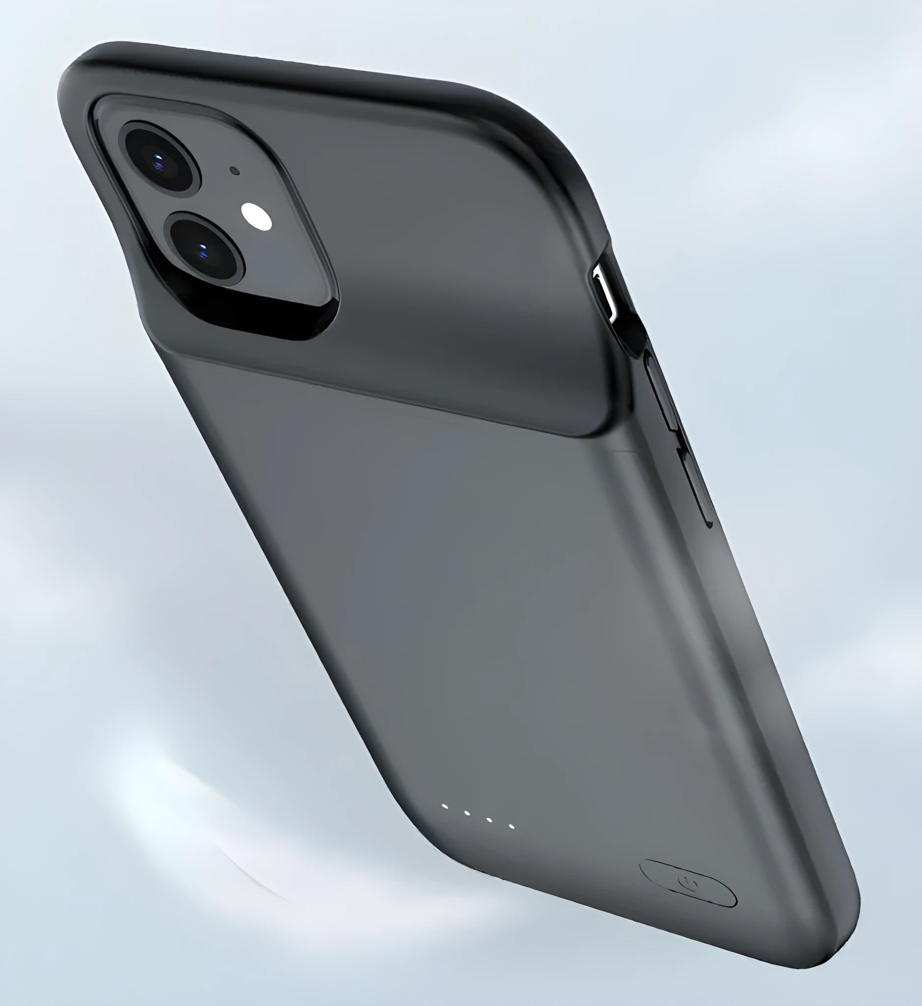 Black ultra-thin wireless back clip battery pack for iPhone 12 models showing clip and multi-USB port.