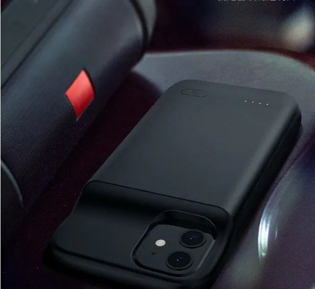 Black ultra-thin wireless back clip battery pack for iPhone 12 models showing clip and multi-USB port.