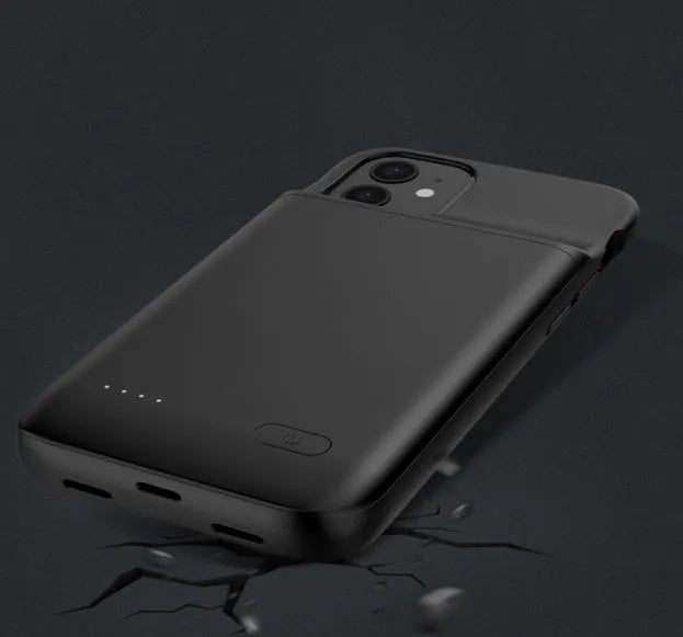 Black ultra-thin wireless back clip battery pack for iPhone 12 models showing clip and multi-USB port.