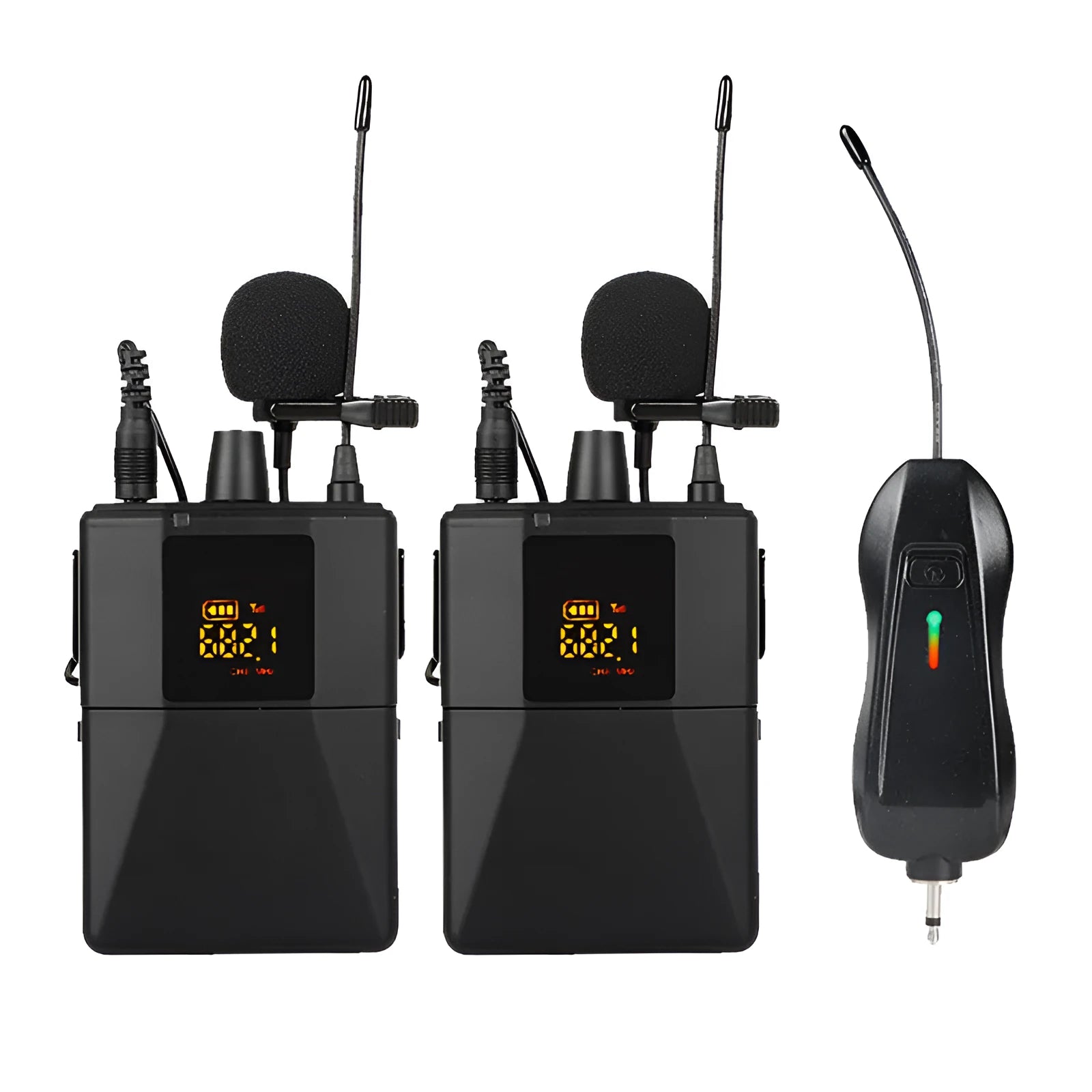 Little Bee X3 black wireless lavalier microphone with foam windscreen and USB-C charging cable.