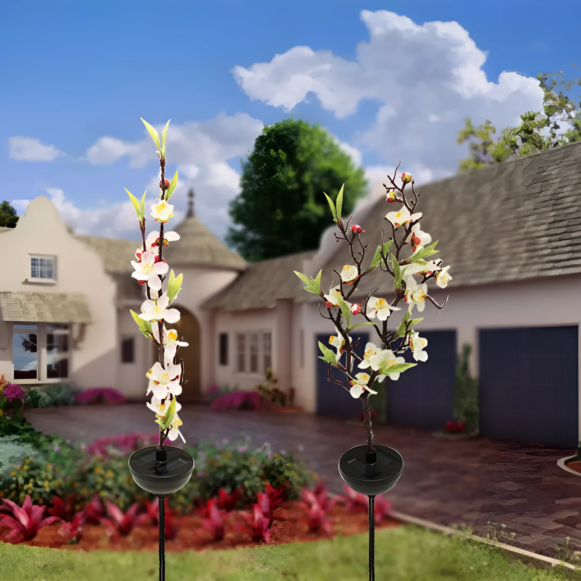 Solar-powered cherry blossom garden light with ground stake