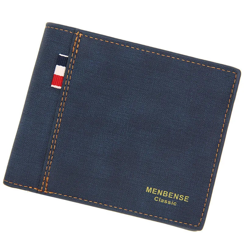 Men's tri-fold wallet in fashion retro style showing four colour options
