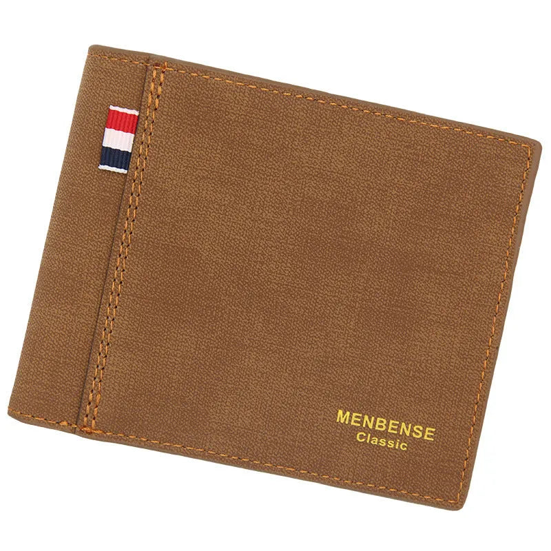 Men's tri-fold wallet in fashion retro style showing four colour options