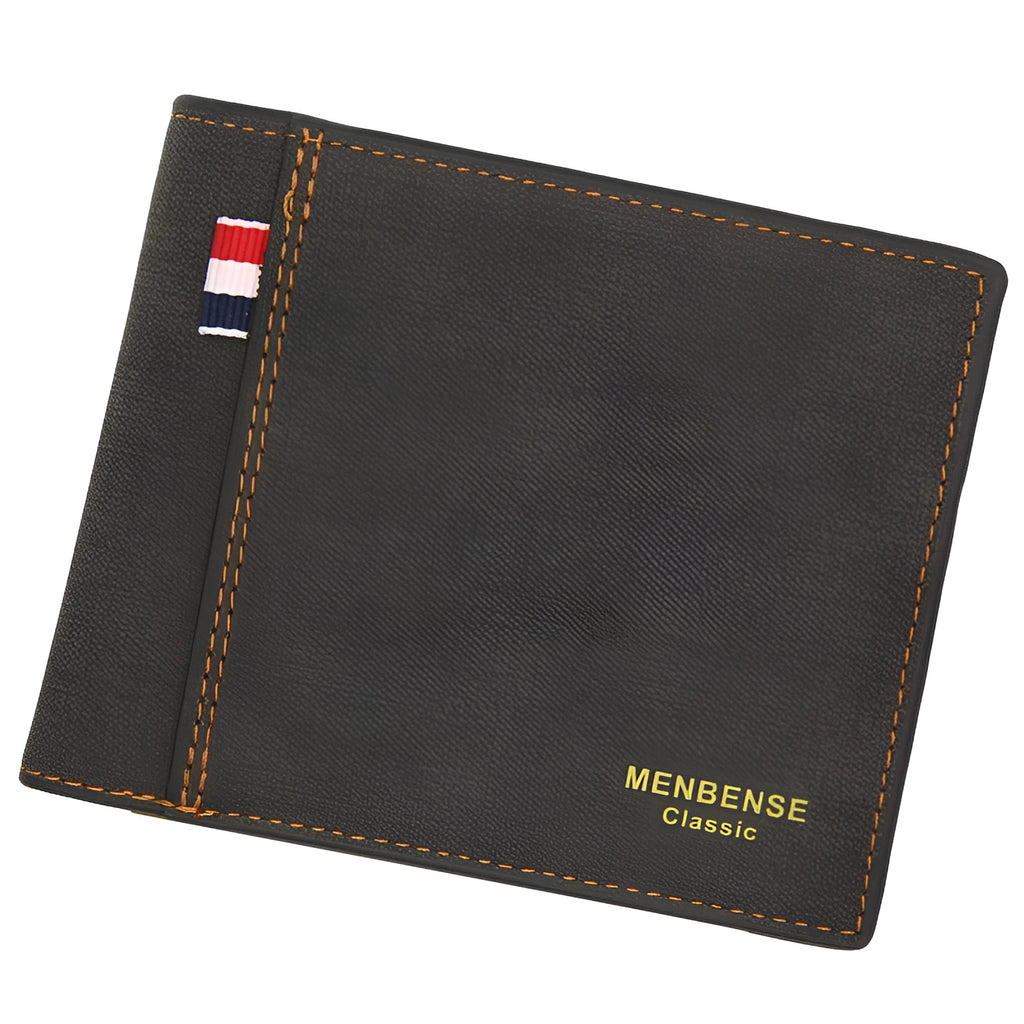 Men's tri-fold wallet in fashion retro style showing four colour options