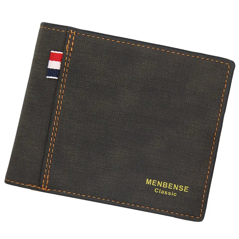 Men's tri-fold wallet in fashion retro style showing four colour options
