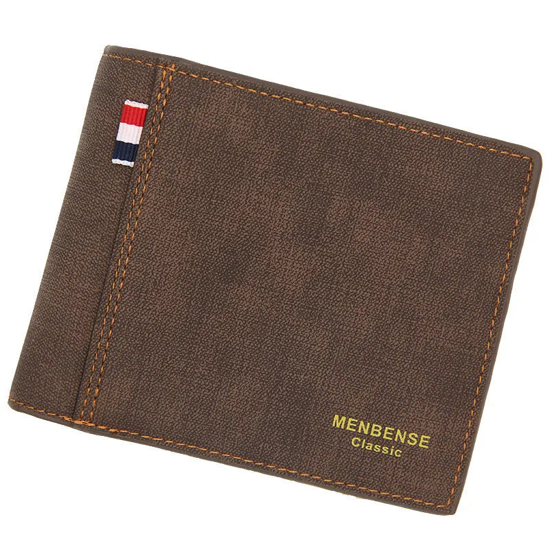 Men's tri-fold wallet in fashion retro style showing four colour options