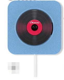 Wall-mounted CD player in white ABS plastic with remote control and power adapter.
