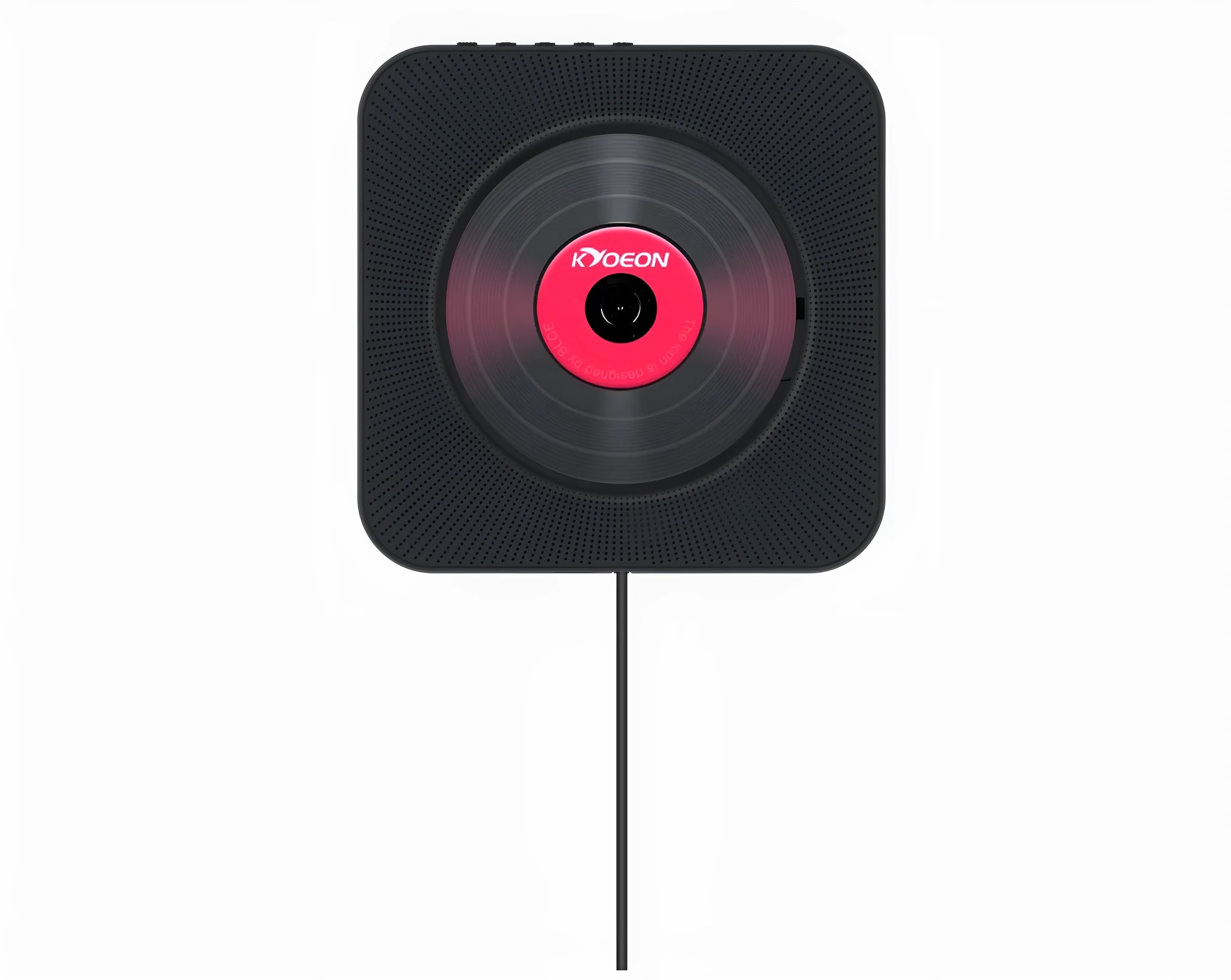 Wall-mounted CD player in white ABS plastic with remote control and power adapter.