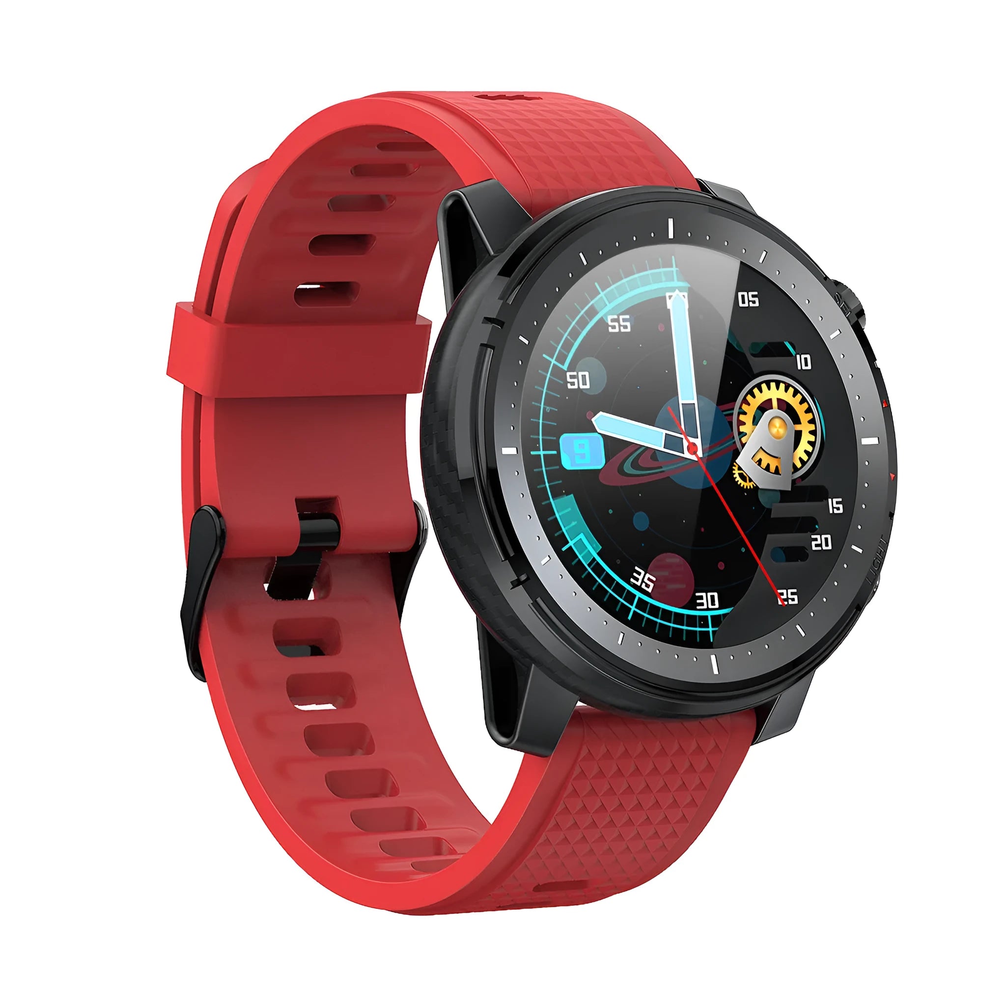 Men's black Android smartwatch with round dial and silicone strap showing IP68 waterproof rating