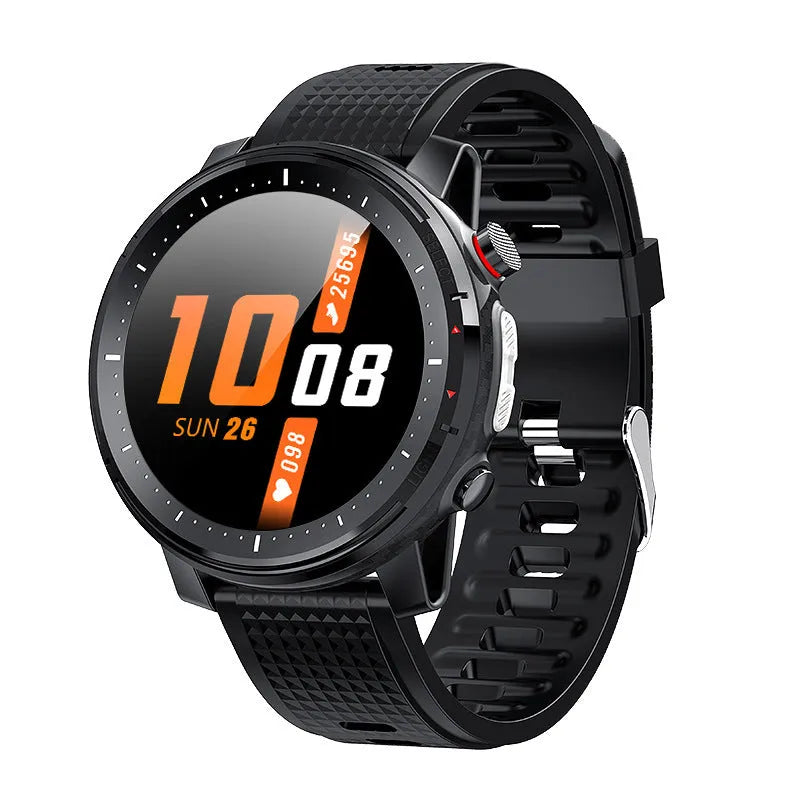 Men's black Android smartwatch with round dial and silicone strap showing IP68 waterproof rating