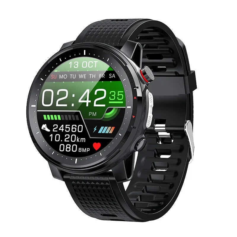 Men's black Android smartwatch with round dial and silicone strap showing IP68 waterproof rating