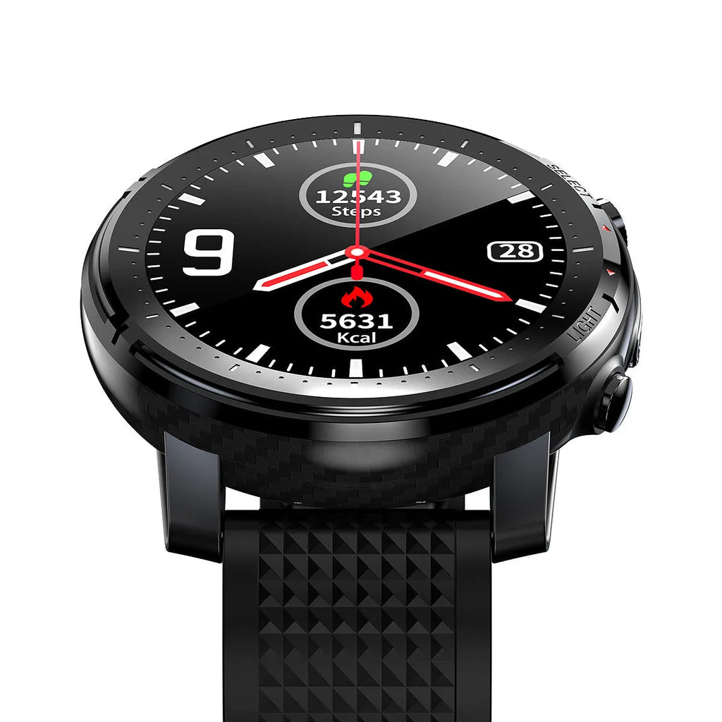 Men's black Android smartwatch with round dial and silicone strap showing IP68 waterproof rating