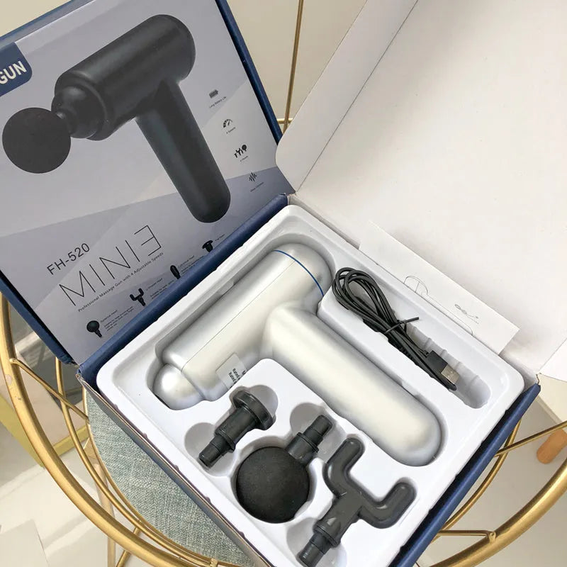 God fascia gun muscle massager in black, red, and white colour options showing handheld design and massage head.