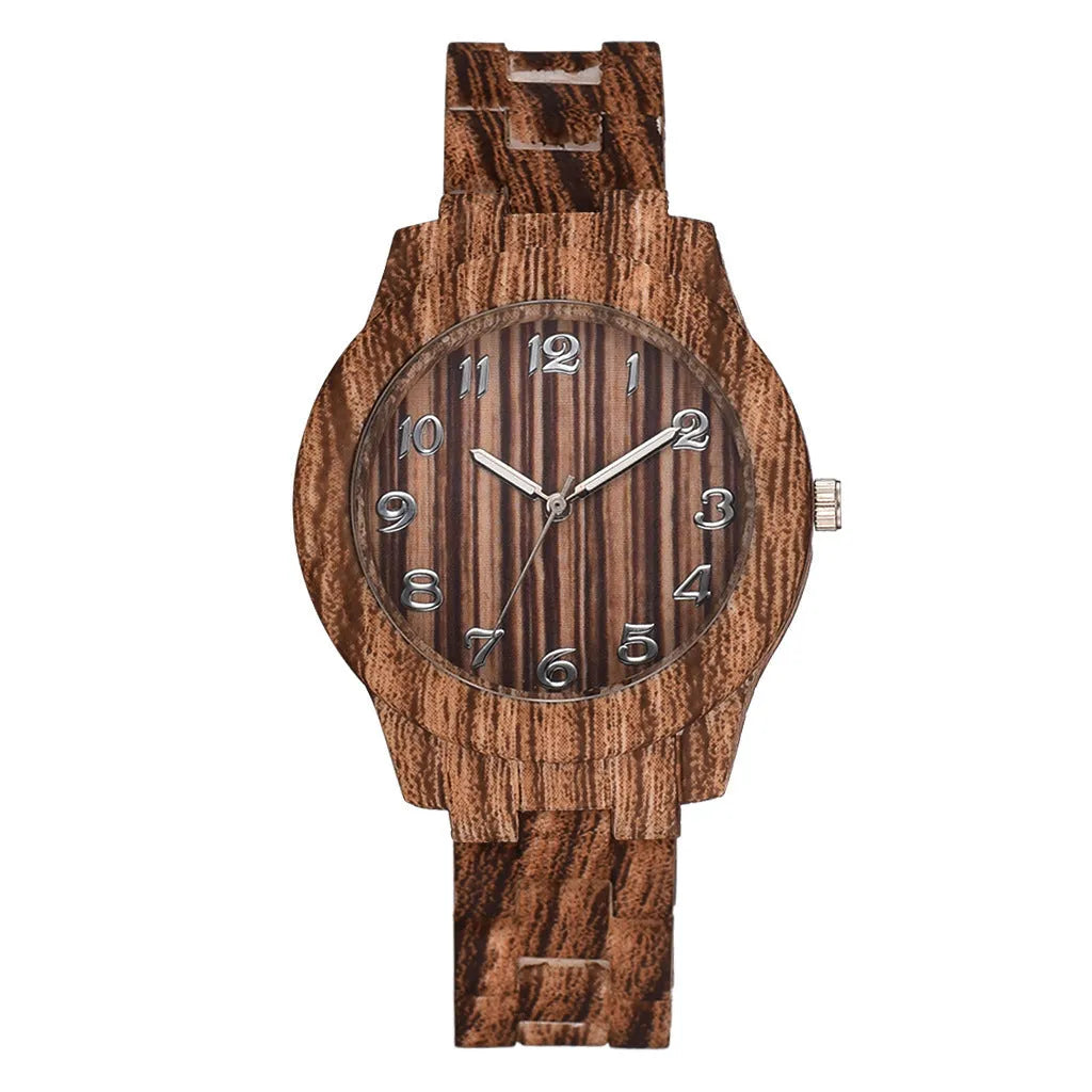 Wood grain retro style couple's quartz watch with silicone strap on wrist