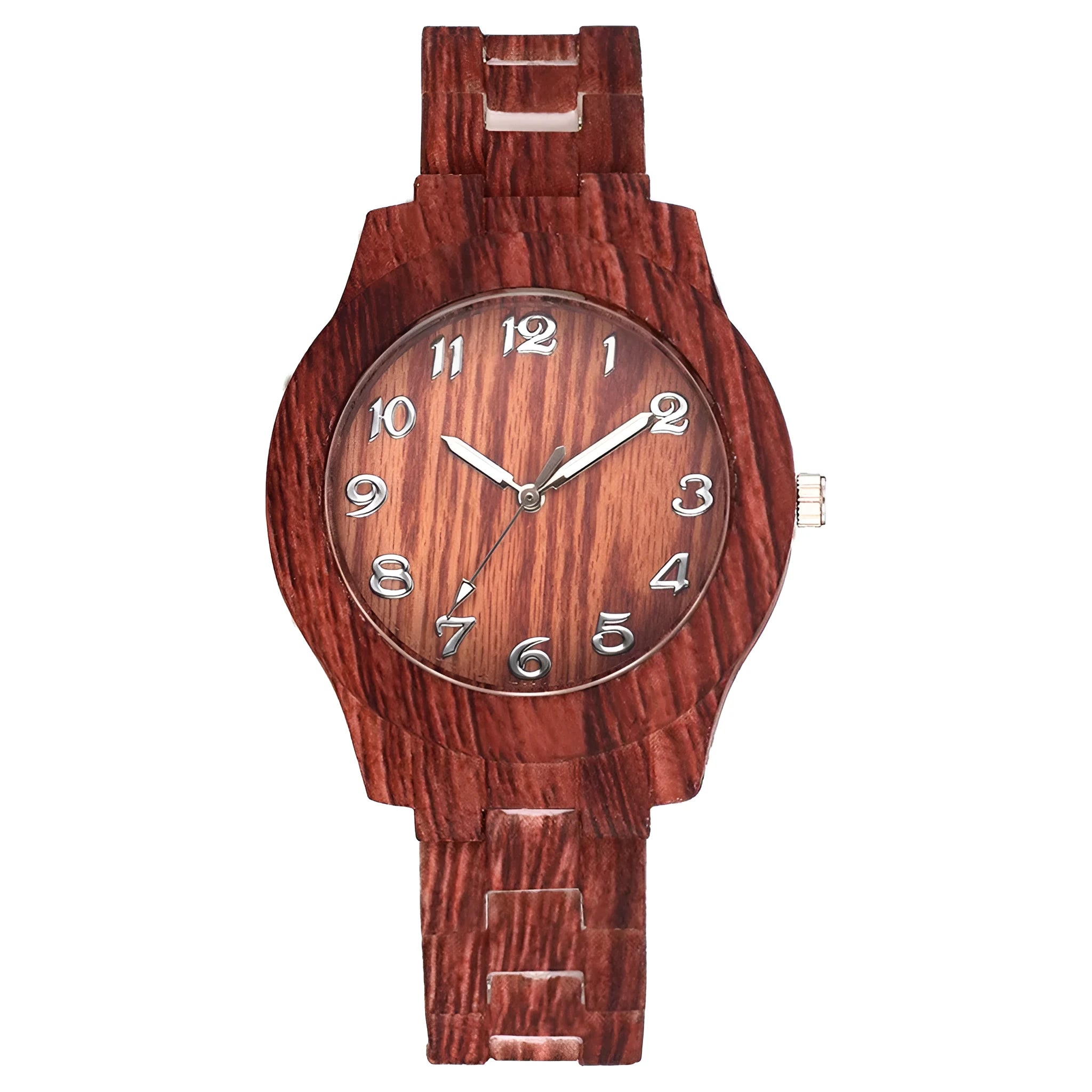 Wood grain retro style couple's quartz watch with silicone strap on wrist
