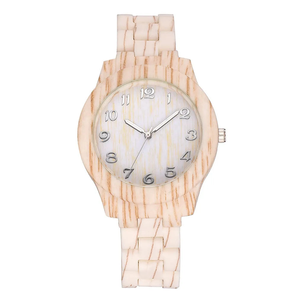 Wood grain retro style couple's quartz watch with silicone strap on wrist