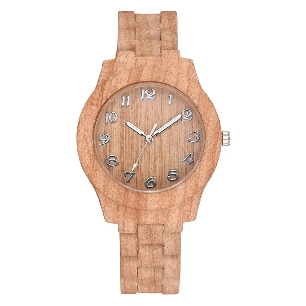 Wood grain retro style couple's quartz watch with silicone strap on wrist