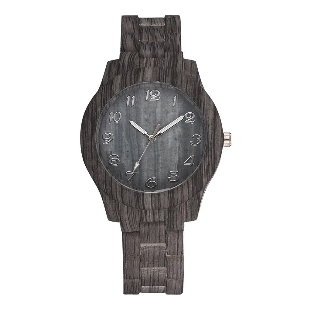 Wood grain retro style couple's quartz watch with silicone strap on wrist