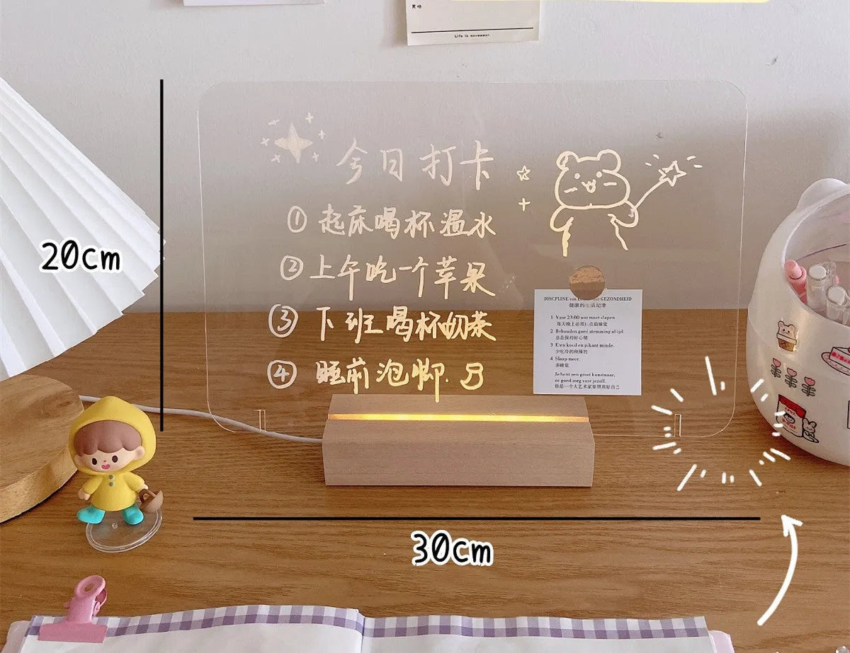 LED bedside lamp with message board surface and included erasable pen for bedroom lighting