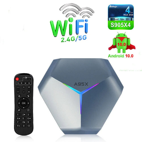 Android 8K TV Box set-top box with remote control, HD cable, and power adapter.