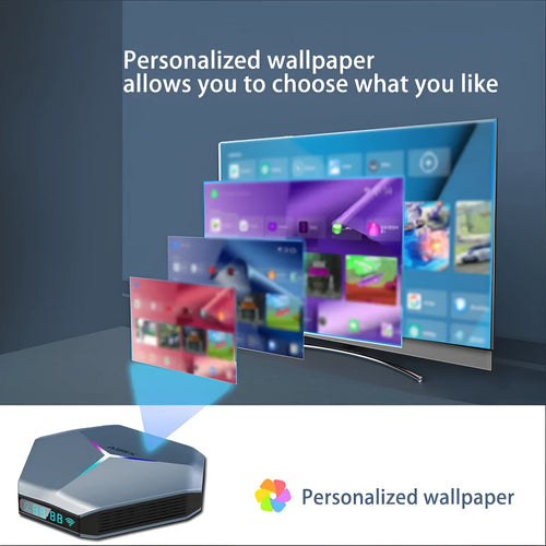 Android 8K TV Box set-top box with remote control, HD cable, and power adapter.