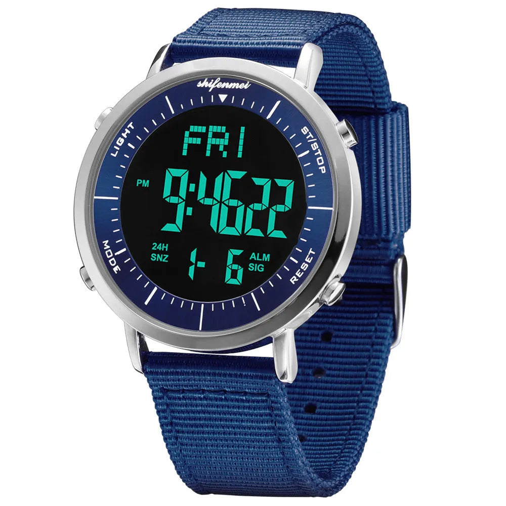 Shifenmei digital sports watch with black strap showing 10m waterproof rating on display