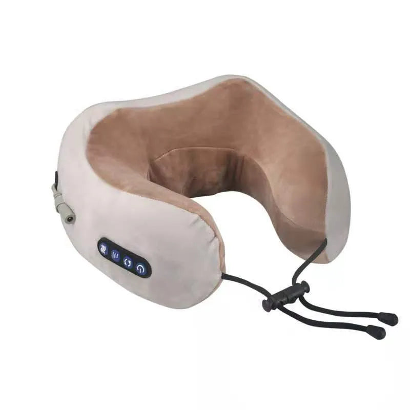 Brown U-shaped electric neck massager pillow with heat function and USB charging