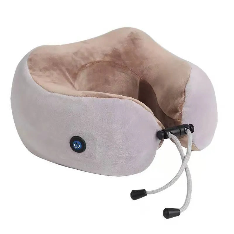 Brown U-shaped electric neck massager pillow with heat function and USB charging