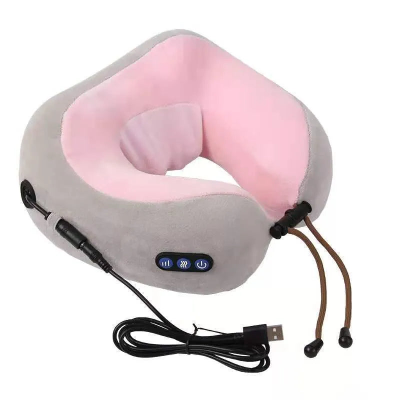 Brown U-shaped electric neck massager pillow with heat function and USB charging