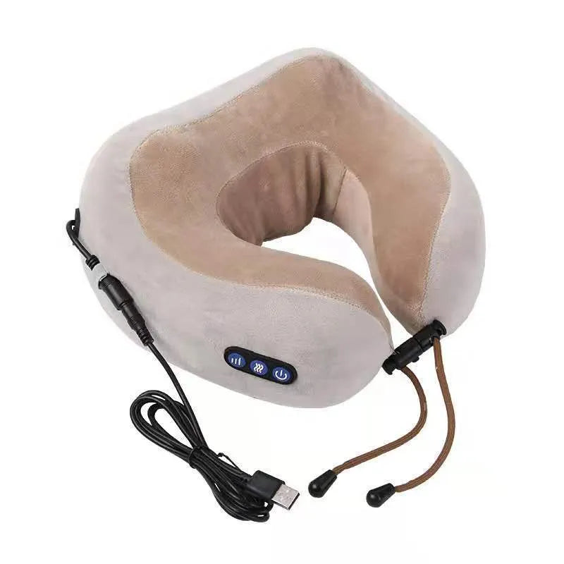 Brown U-shaped electric neck massager pillow with heat function and USB charging